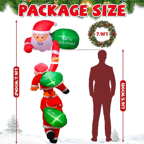 8FT Christmas Hanging Inflatable Climbing Santa Claus with Built-in LED Lights, Large Blow Up Xmas Decoration for Indoor Outdoor Yard Garden Lawn Holiday Party Decor
