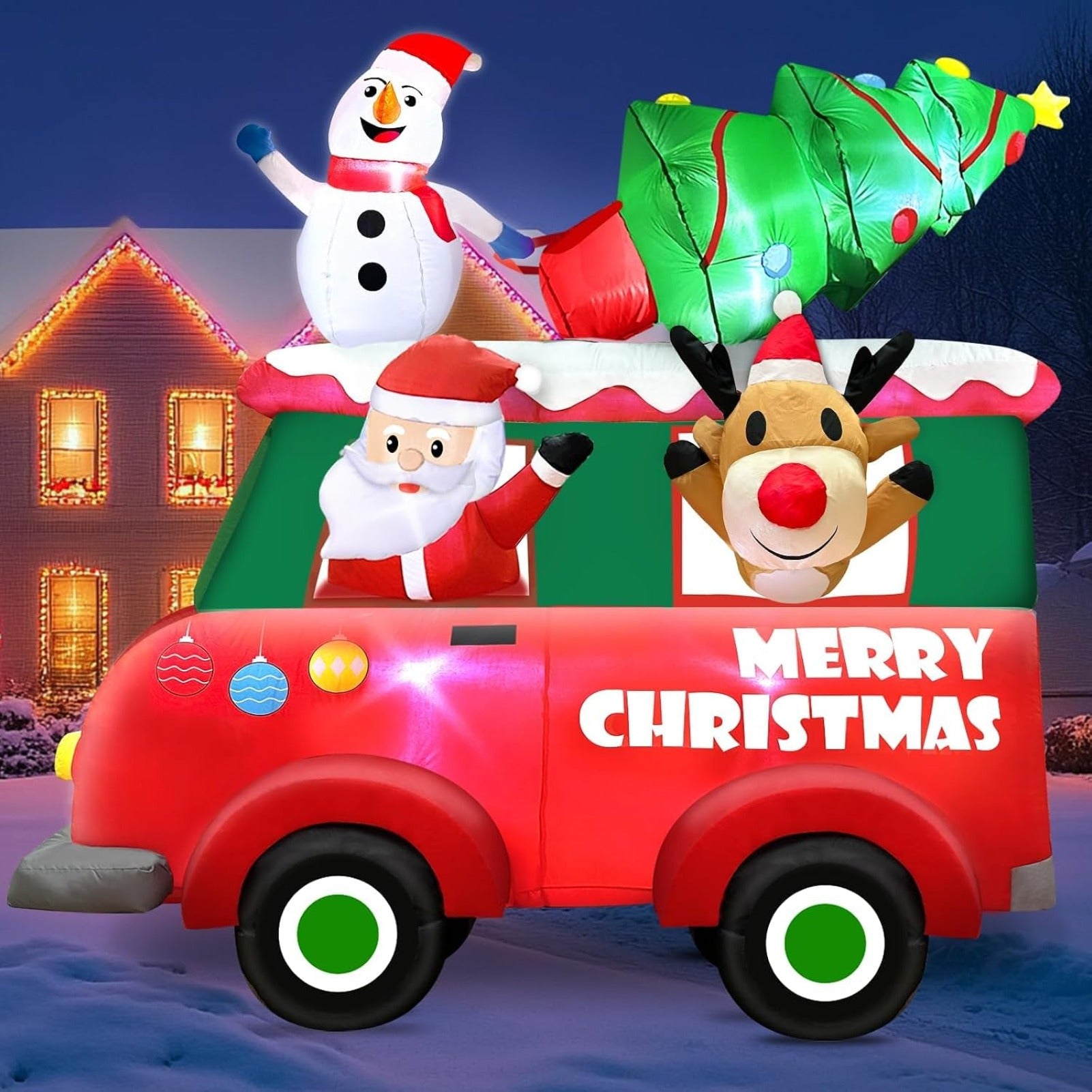 8FT Giant Christmas Inflatable Truck with Santa, Snowman, Reindeer and Christmas Tree, Built-in LED Lighted Blow Up Outdoor Decoration for Yard Lawn Garden Holiday Display