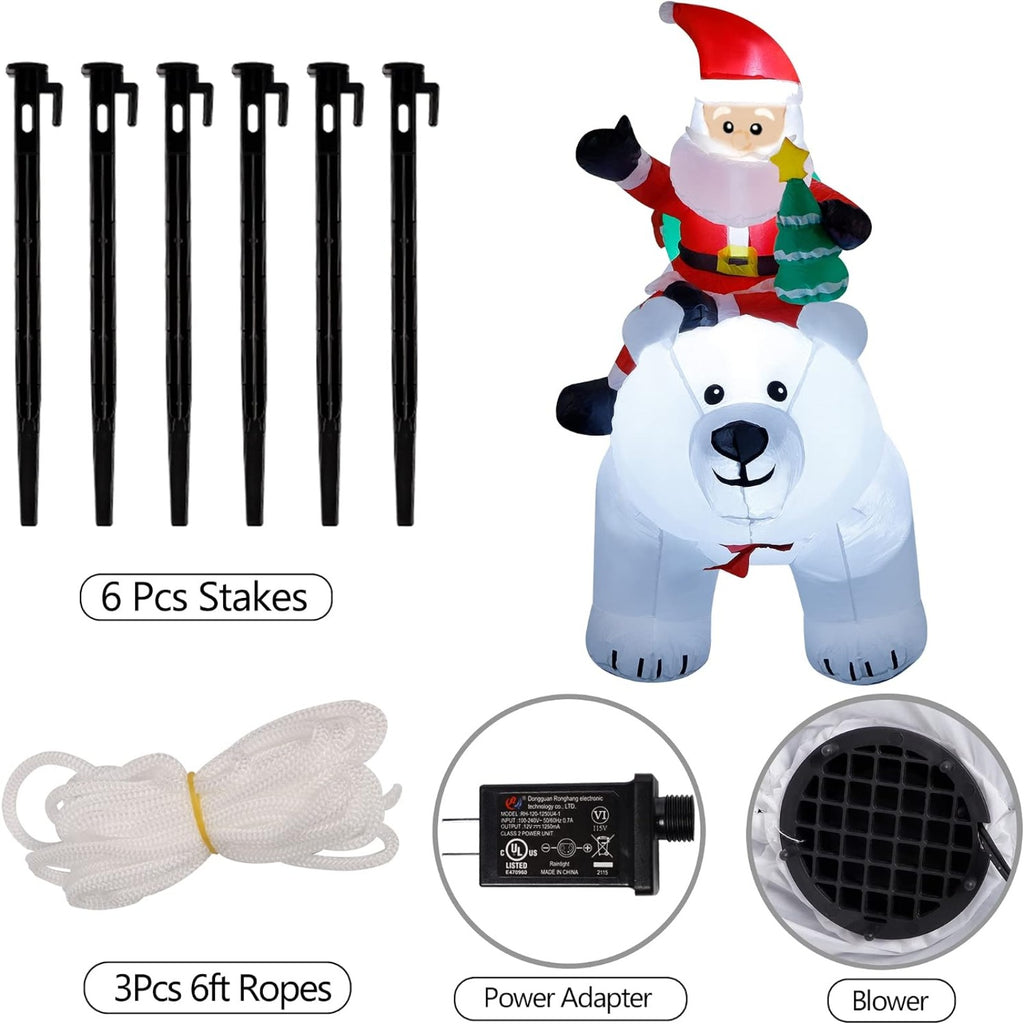 6 Ft Christmas Inflatable Santa Claus with Polar Bear and Tree, Made of Thick 210T Waterproof Polyester, Built-in LED Lights for Yard Lawn Garden Holiday Decor