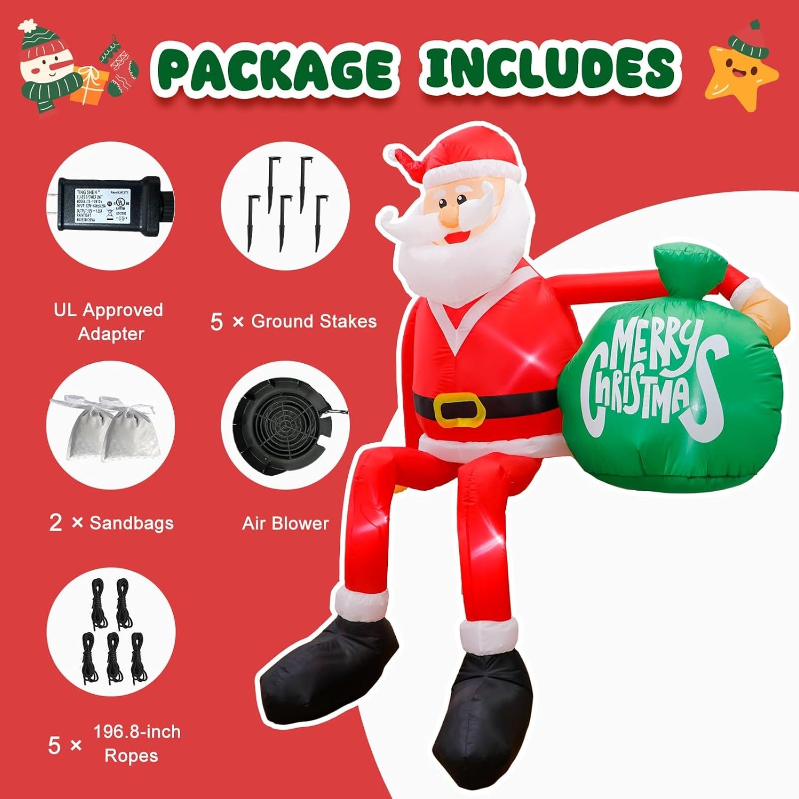 8FT Christmas Inflatable Climbing Santa with Built-in LED Lights, Large Outdoor Christmas Yard Decoration, Blow Up Holiday Decor for Indoor Outdoor Lawn Garden Party