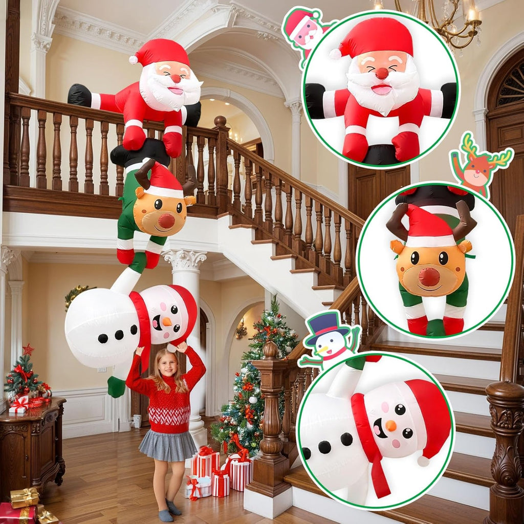 8FT Hanging Christmas Inflatable Decoration, Climbing Santa Claus with Reindeer and Snowman, Made of Thick Waterproof Polyester for Roof Tree Beam Indoor Outdoor Party Decor