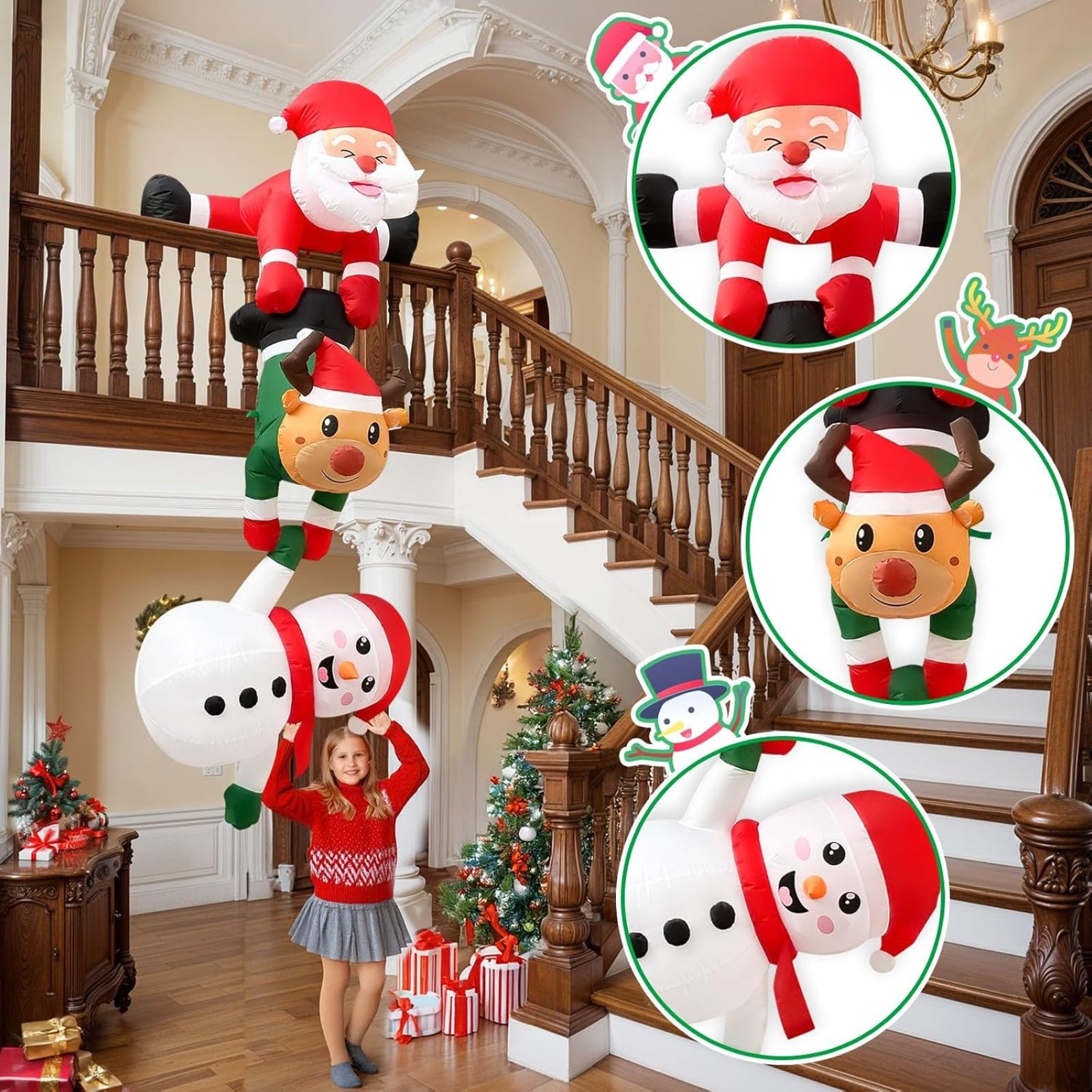 8FT Hanging Christmas Inflatable Decoration, Climbing Santa Claus with Reindeer and Snowman, Made of Thick Waterproof Polyester for Roof Tree Beam Indoor Outdoor Party Decor