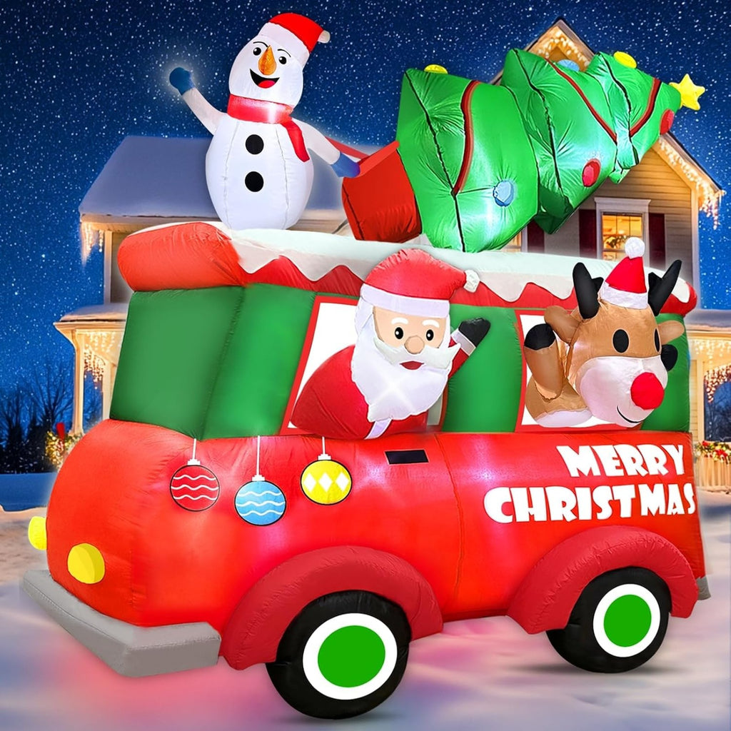 8FT Giant Christmas Inflatable Truck with Santa, Snowman, Reindeer and Christmas Tree, Built-in LED Lighted Blow Up Outdoor Decoration for Yard Lawn Garden Holiday Display