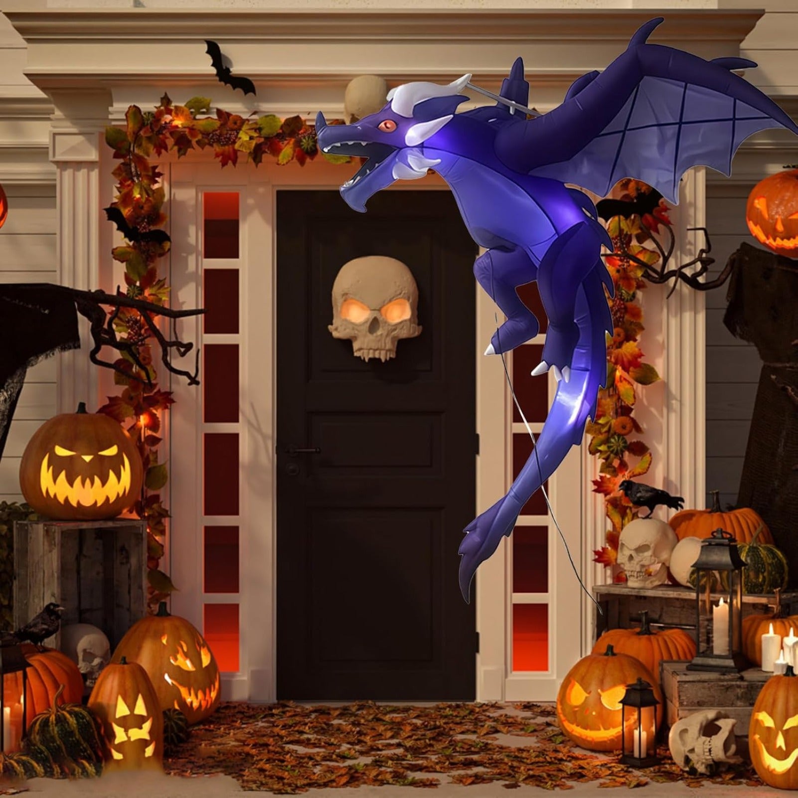Halloween Hanging Inflatable Fire Dragon Decor, Made of Thick Waterproof Polyester with Warm White LED Lights, Blow Up Flying Dragon for Indoor Outdoor Party Yard Decoration