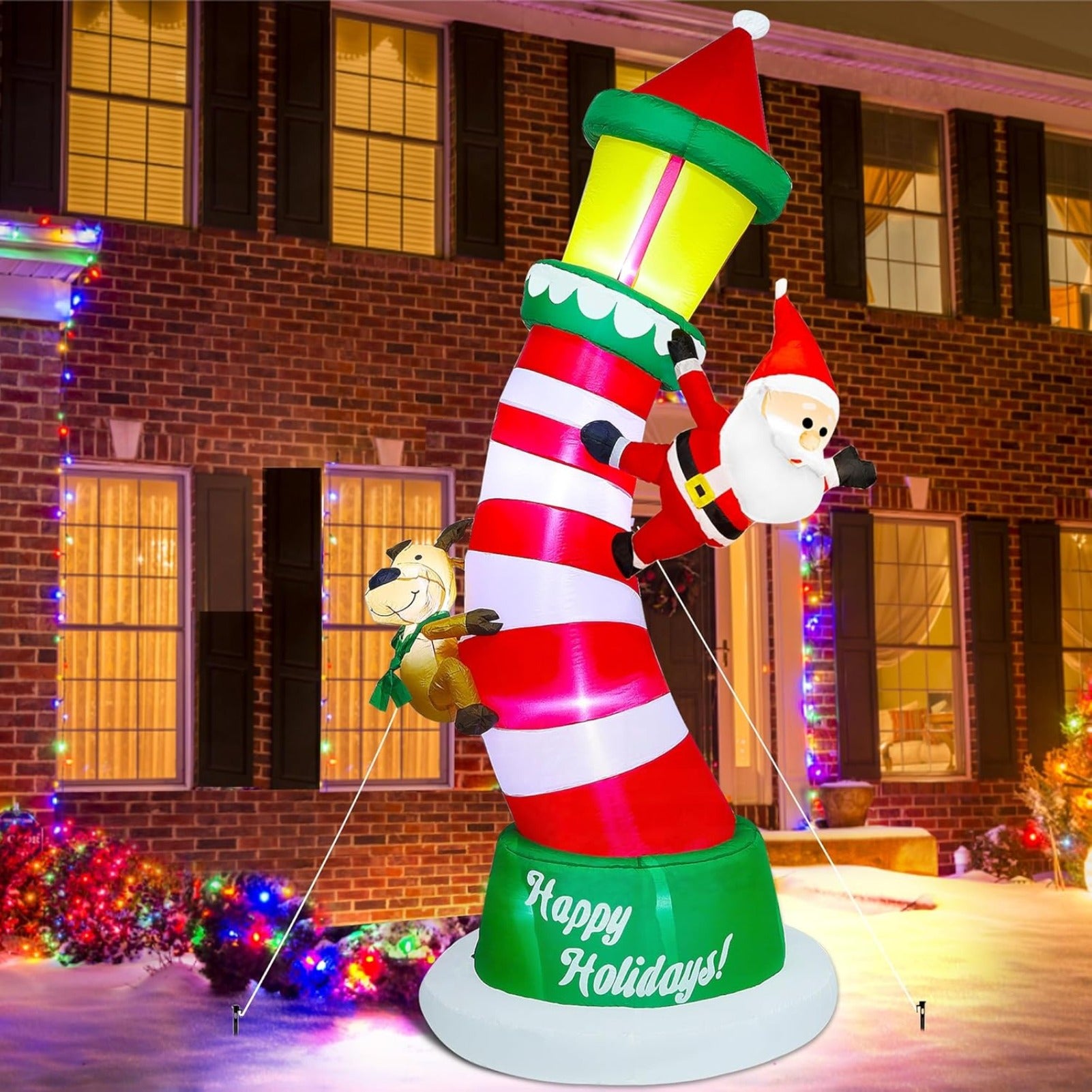 9FT Giant Christmas Inflatable Lighthouse with Santa and Reindeer, Built-in LED Lighted Blow Up Yard Decoration with Drawstring Sandbags for Stable Outdoor Lawn Garden Holiday Display