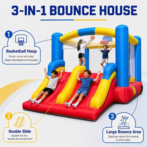 12FT Inflatable Bounce House with Double Slides & Basketball Hoop
