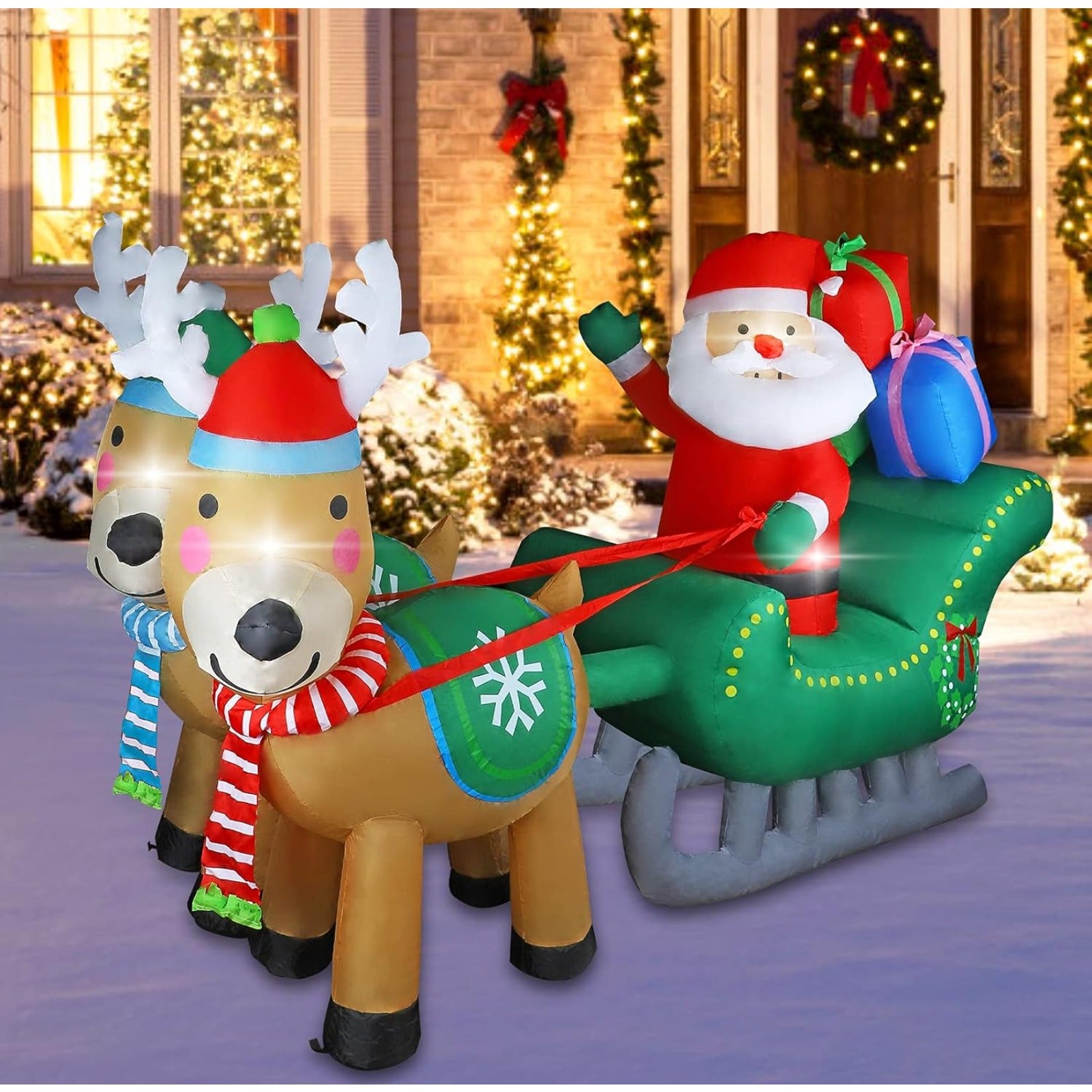 6.7FT Christmas Inflatable Santa Sleigh with Two Reindeer and Gift Boxes, Built-in LED Lighted Blow Up Decoration for Yard Lawn Garden Outdoor Holiday Display