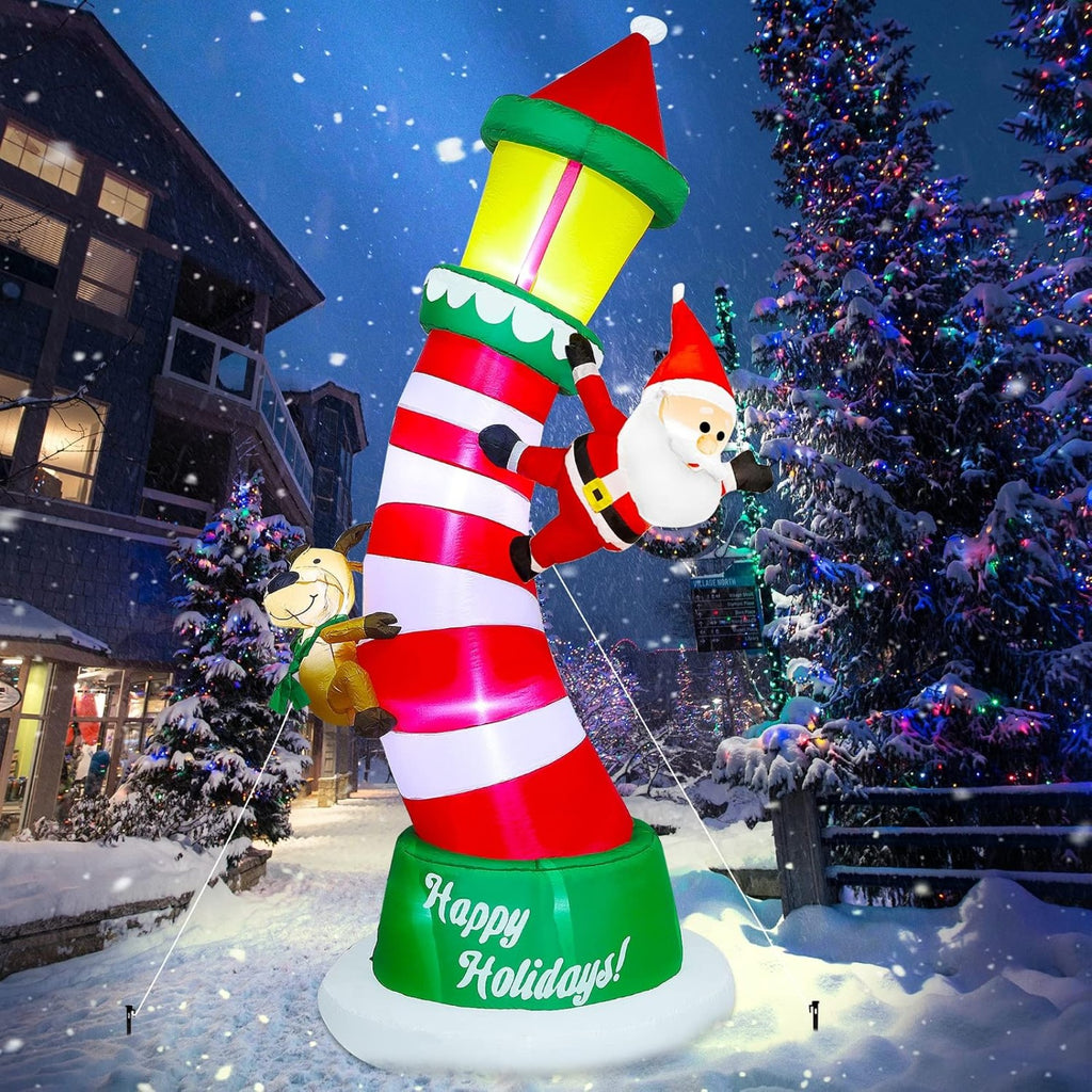 9FT Giant Christmas Inflatable Lighthouse with Santa and Reindeer, Built-in LED Lighted Blow Up Yard Decoration with Drawstring Sandbags for Stable Outdoor Lawn Garden Holiday Display