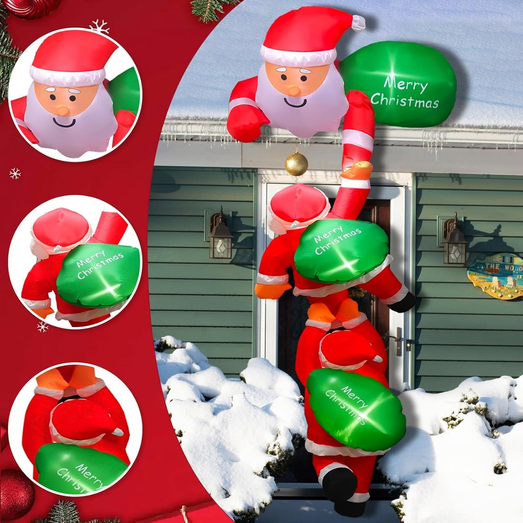 8FT Christmas Hanging Inflatable Climbing Santa Claus with Built-in LED Lights, Large Blow Up Xmas Decoration for Indoor Outdoor Yard Garden Lawn Holiday Party Decor